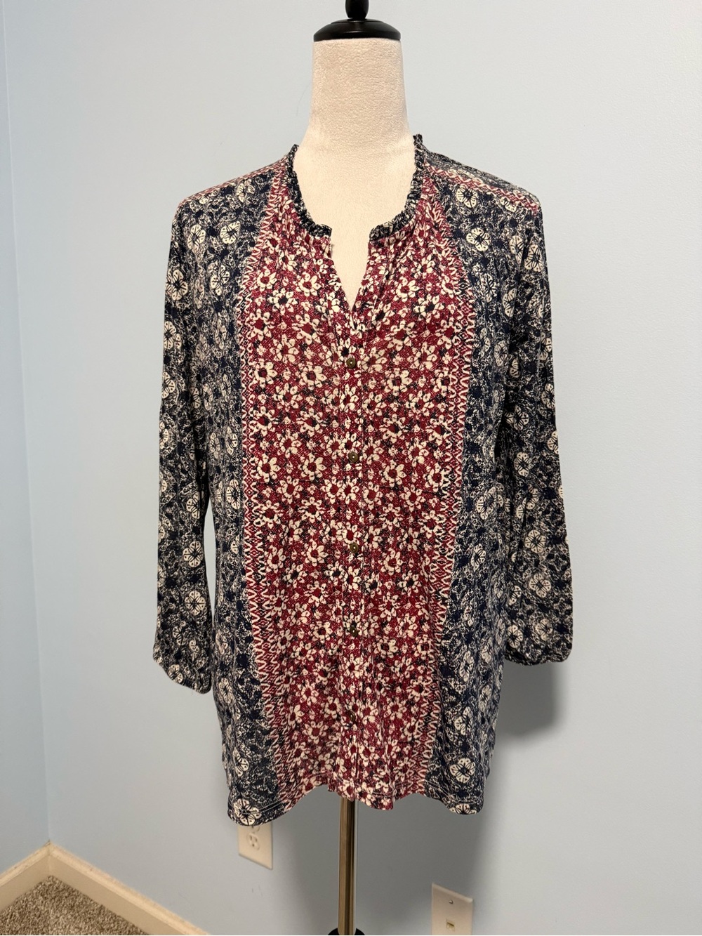 Lucky Brand Women’s Peasant Floral Print Henley Button Down Blouse Size L